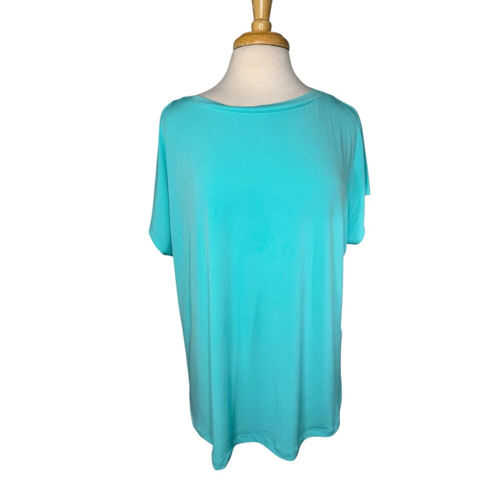 CHICOS Teal Jersey Knit Short Sleeve Blouse Size XL (3) Womens Boat Neck Travel